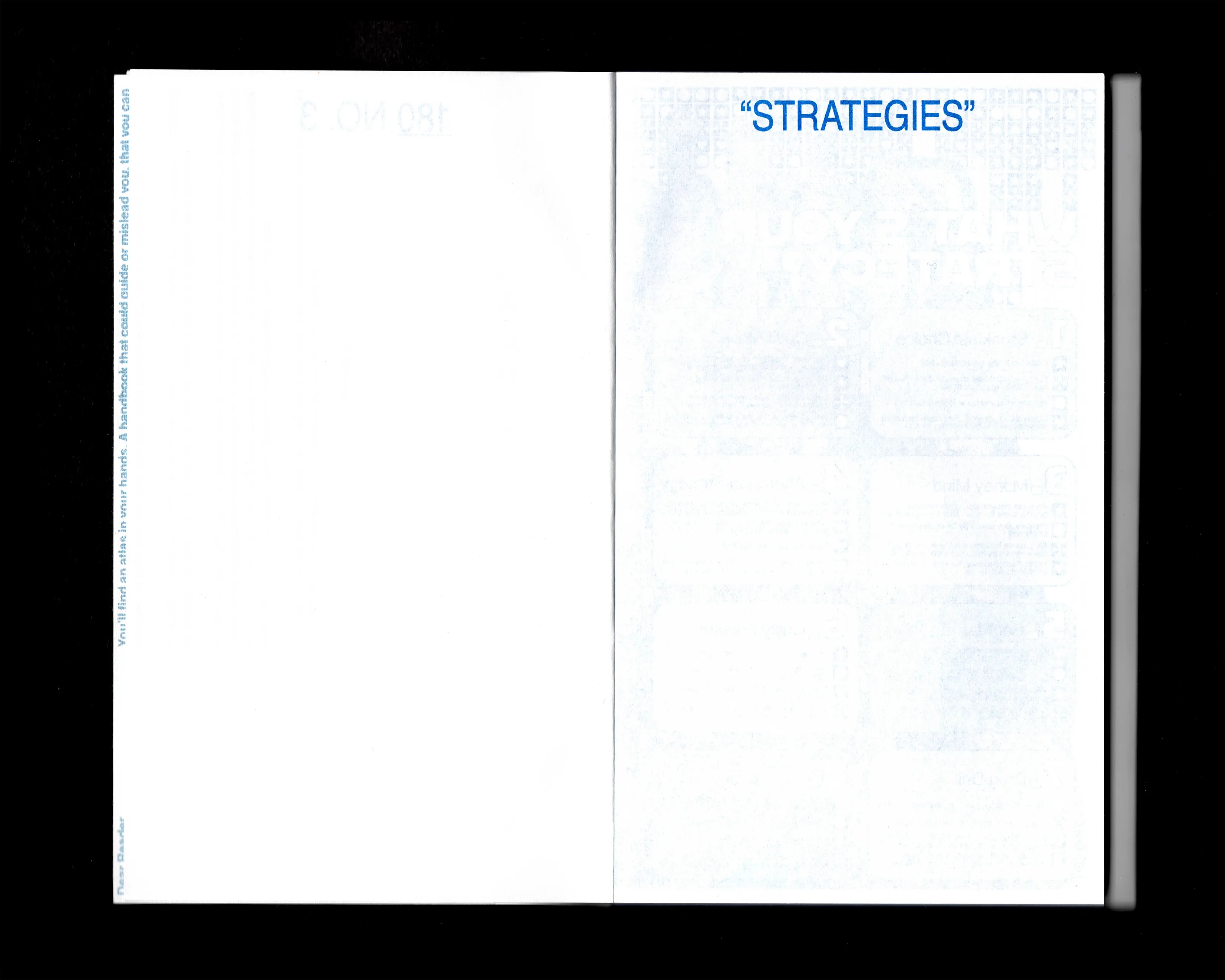 Page showing the title 'Strategies' printed in riso blue.