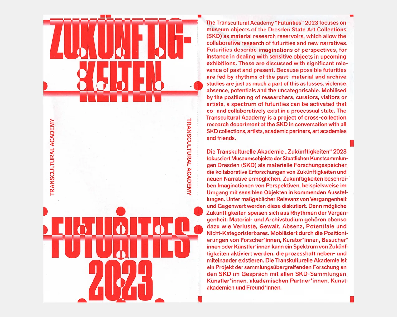 Cover design of the flyer printed in a bright red spot color