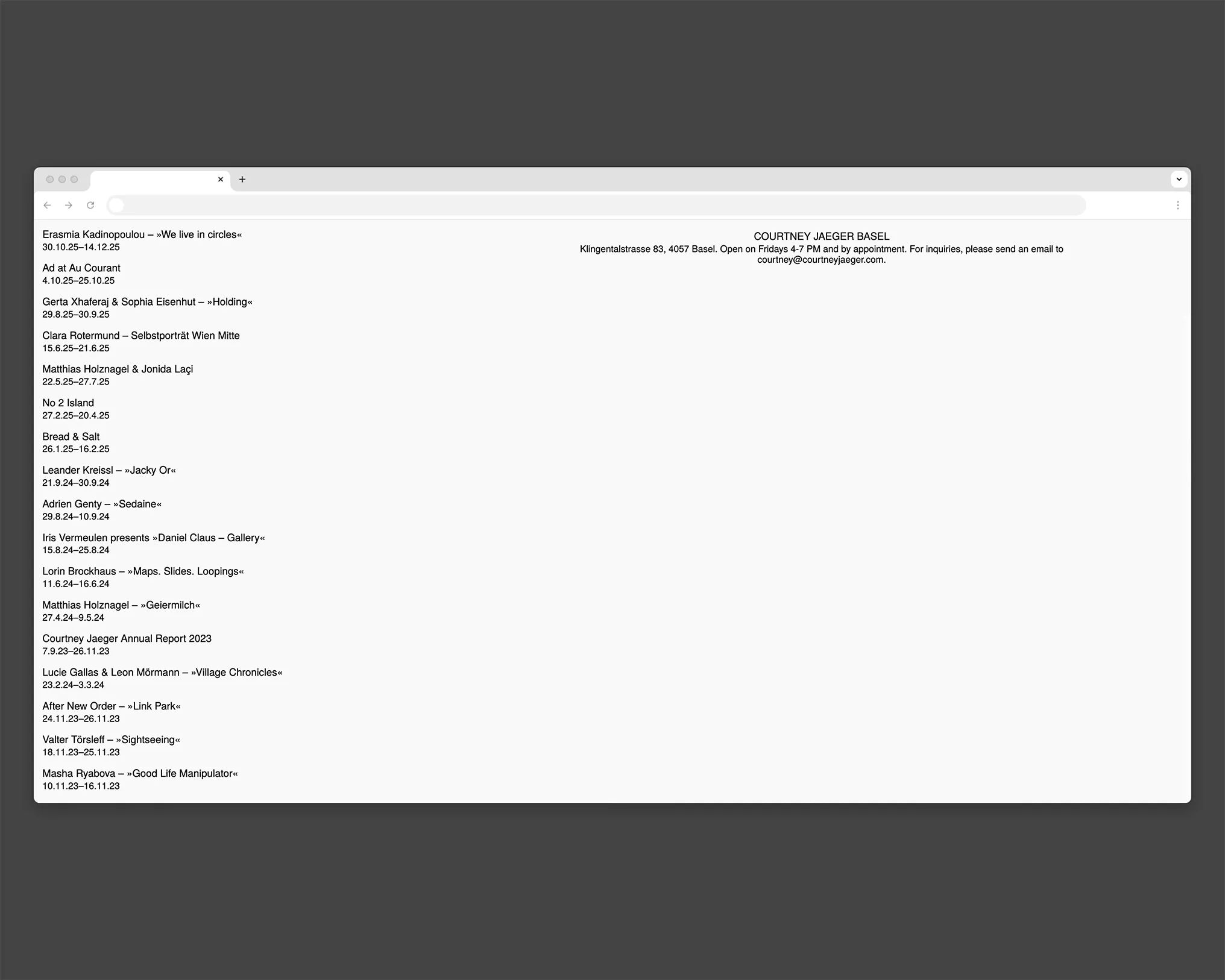 Desktop view of the exhibition index list.