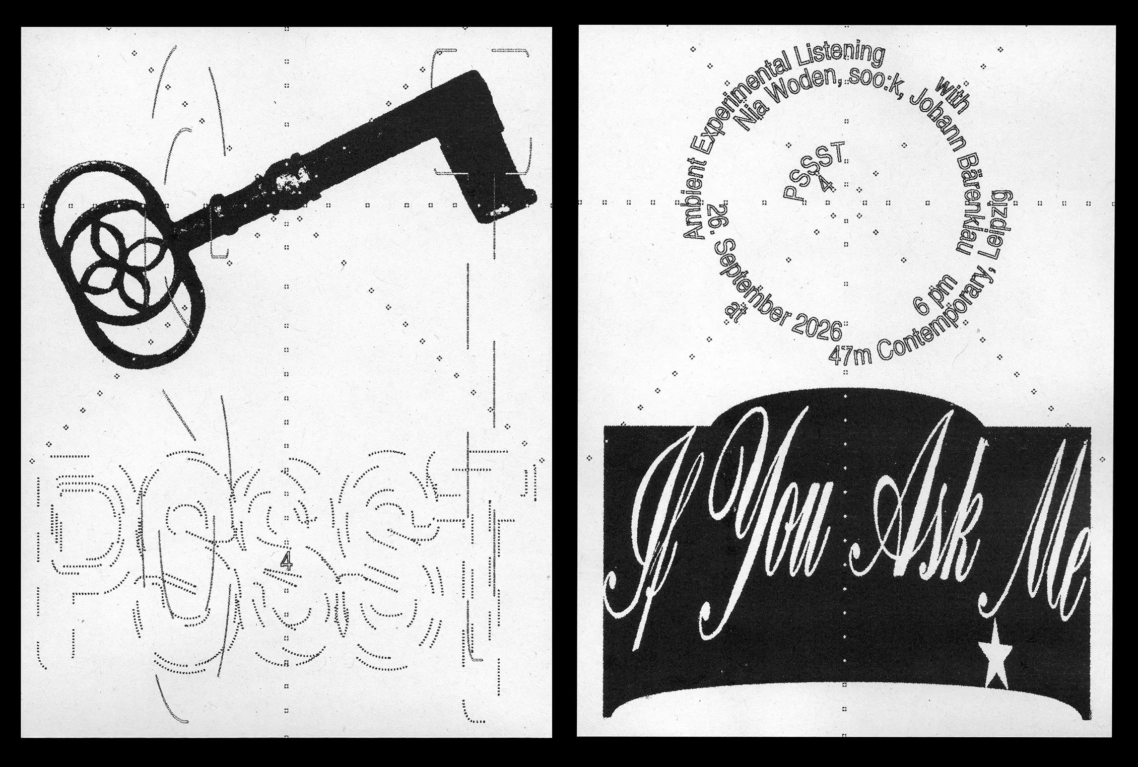 Two invitation cards featuring event information and two images (an old key and a graphic reading 'If you ask me').