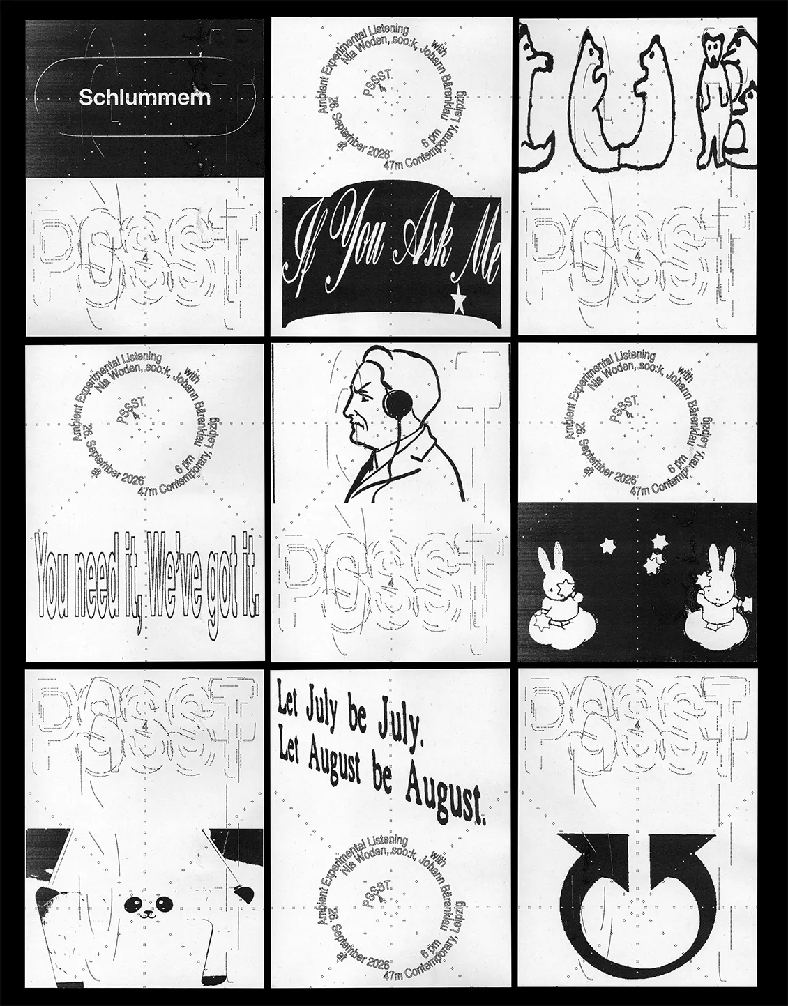 An overview of nine invitation cards, each with a different key visual.