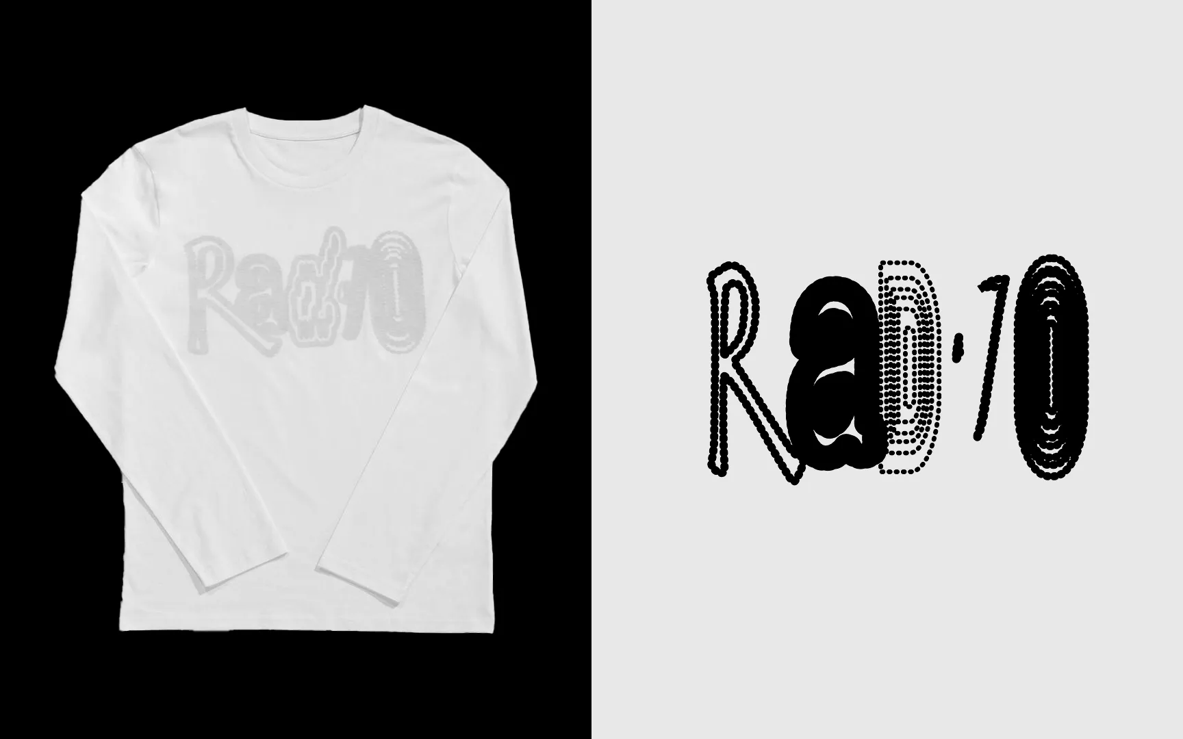 White long-sleeve t-shirt with a subtle chest print alongside a graphic of the generative 'Radio' wordmark showing varied letter textures.