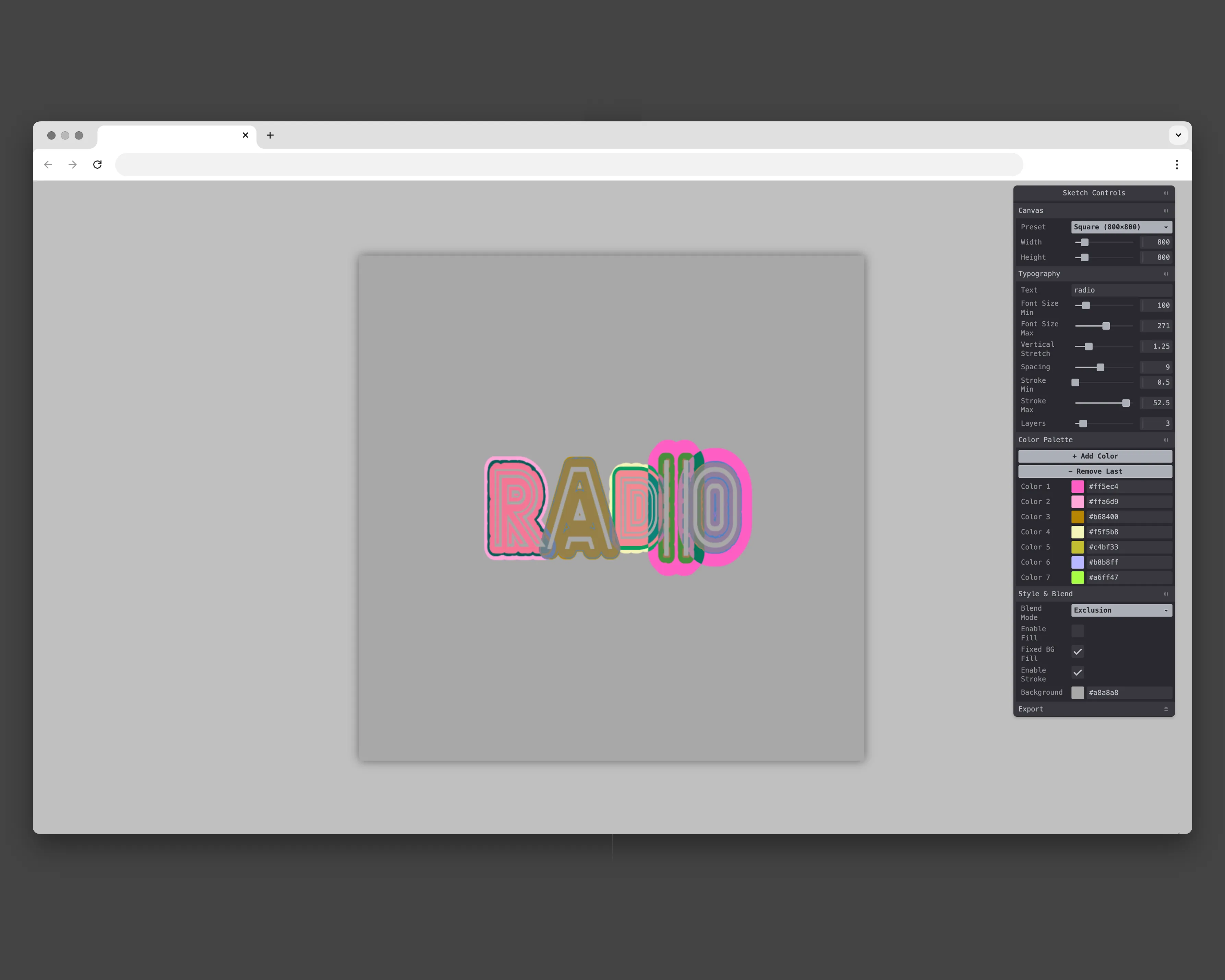 Browser interface of the generative lettering tool, showing interactive controls for typography, layers, strokes, and color palettes around the central canvas.