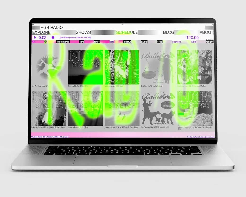 Laptop mockup displaying the HGB Radio website interface overlaid with glowing neon-green generative 'Radio' lettering.